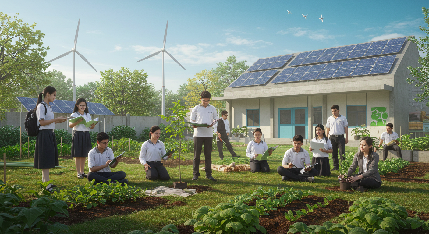 Students learning outdoors in sustainable school environment with solar panels and gardens