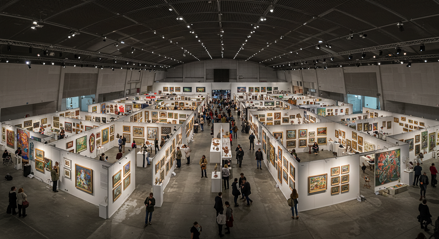Large indoor art exhibition hall with displays and visitors exploring climate-focused artwork