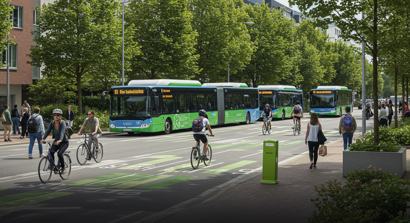 Sustainable urban transport with green buses, cyclists, and pedestrians on eco-friendly streets