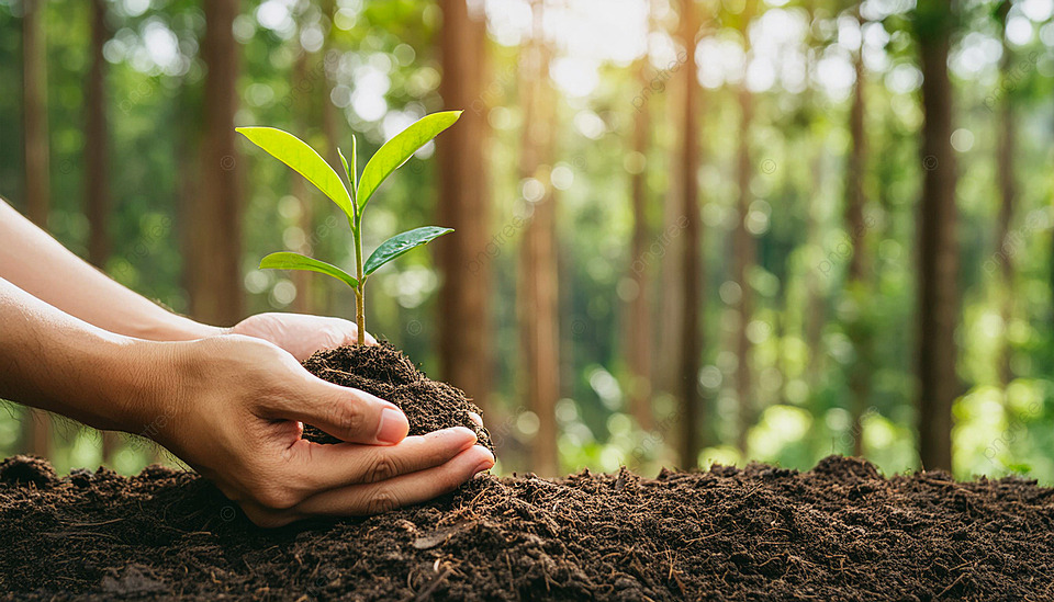 Hands protecting a small plant seedling growing from soil in forest setting