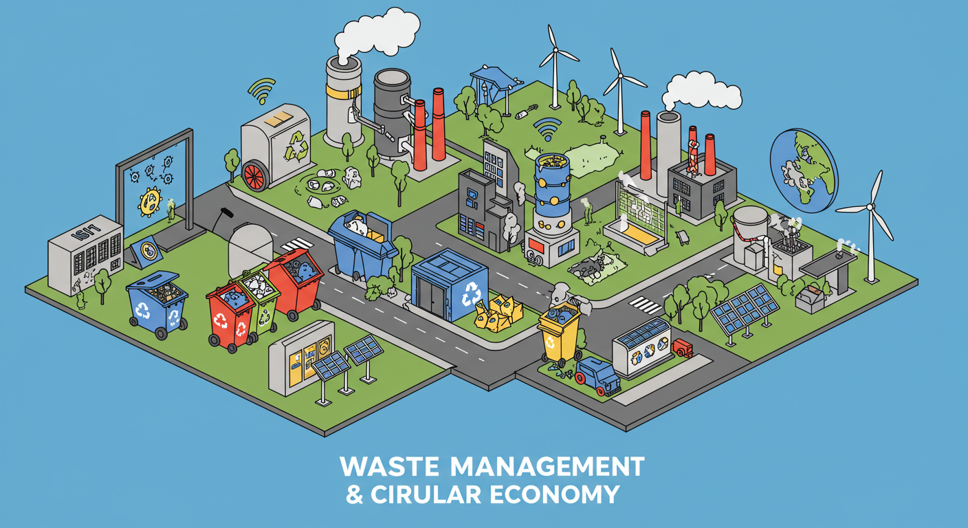 Isometric sustainable city with recycling facilities, solar panels, and circular economy systems